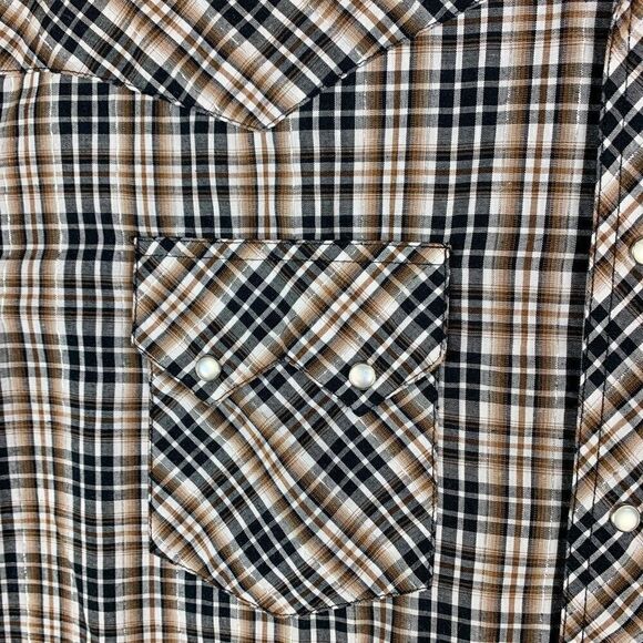 Rustler Wrangler Shirt Mens Large Tan Black Plaid Western Cowboy Pearl Snap Farm - Picture 4 of 12